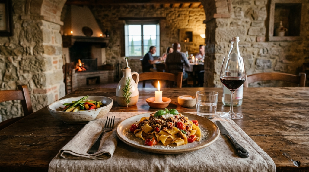Rustic Tuscan dining scene: plated Italian cuisine with fres