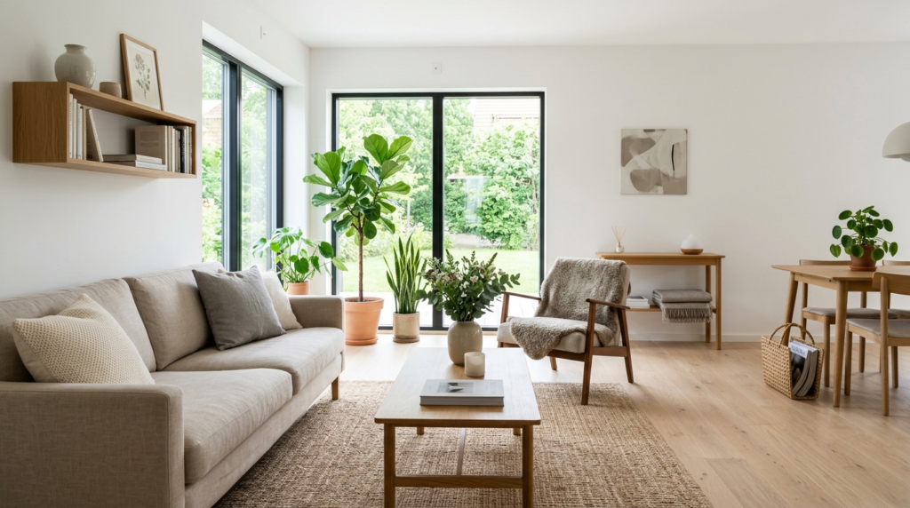 Serene minimalist home interior showcasing a pest-free, meti