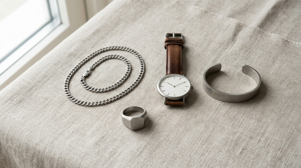 Flat lay composition of curated mens accessories on neutral