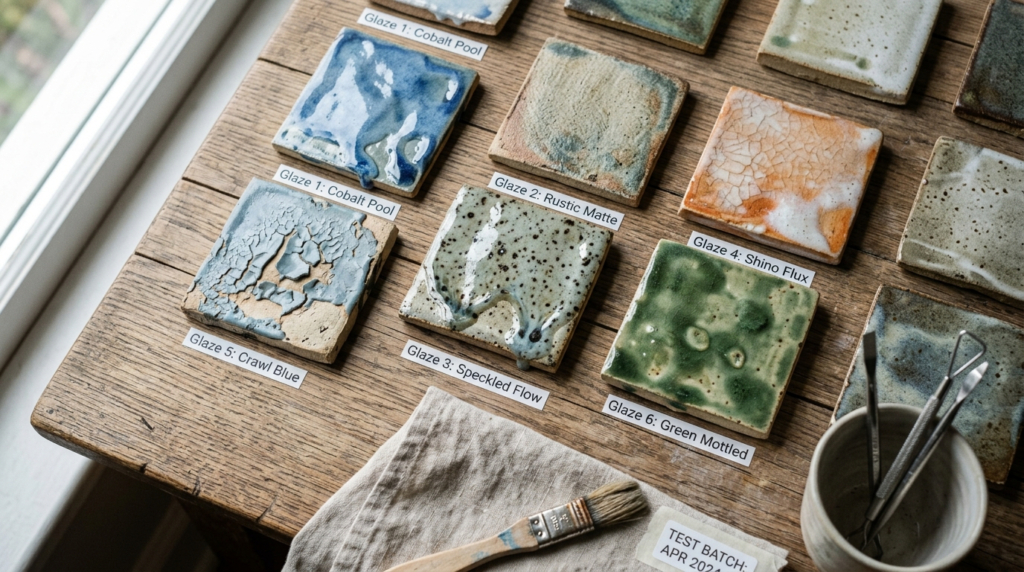 Close-up flatlay photography of ceramic glazing samples show