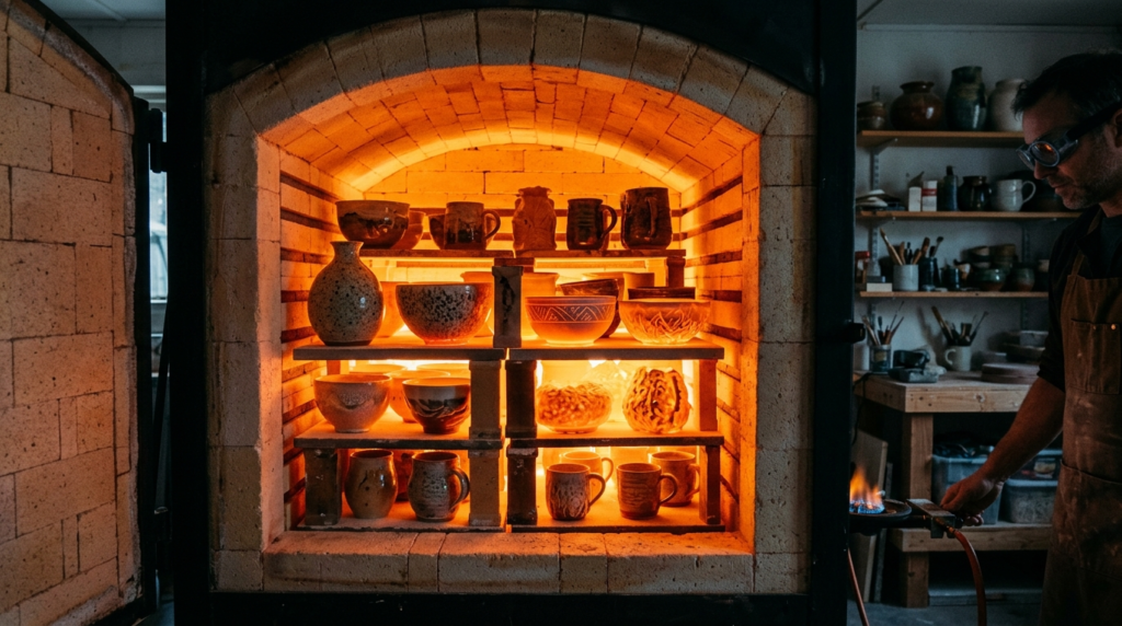 Wide-angle shot of a ceramic kiln interior during firing pro