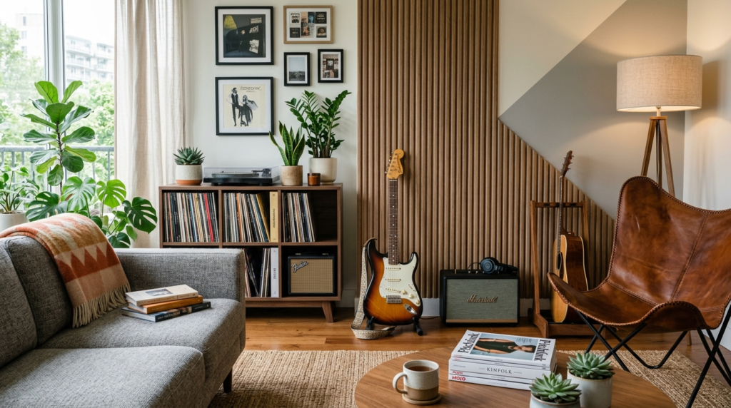 Modern apartment living room interior with an electric guita