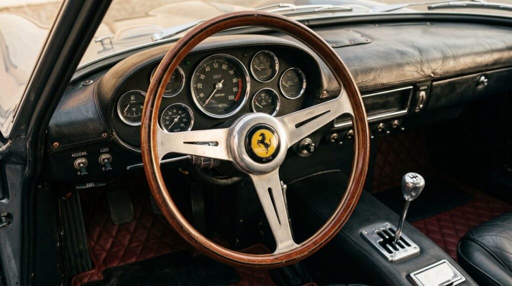 Photorealistic 16:9 stock photo: Detail shot of 1962 Ferrari