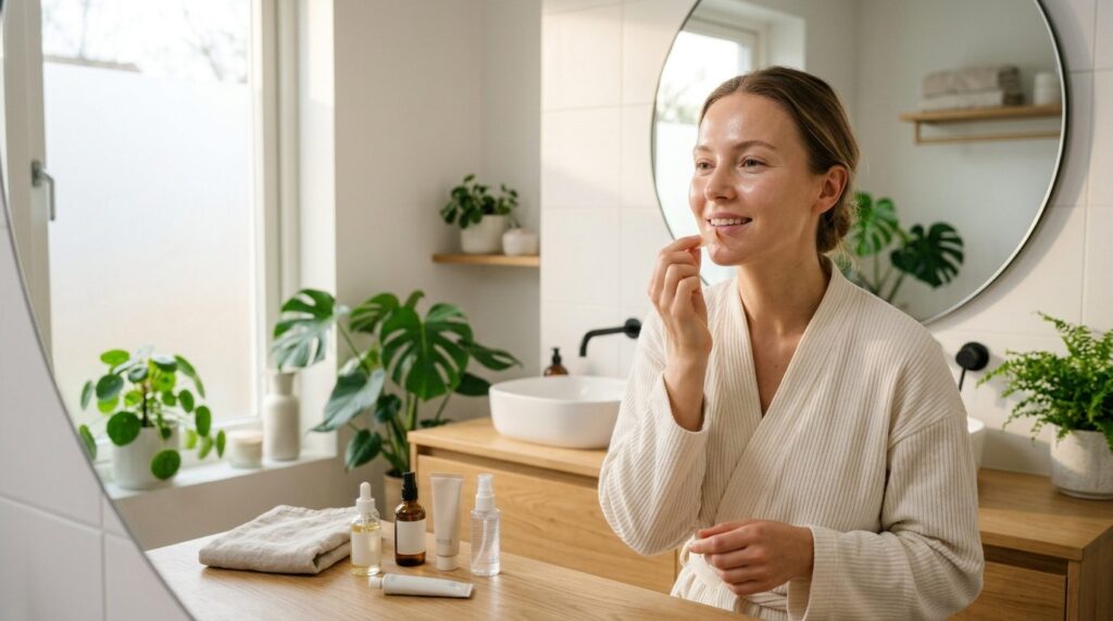 Morning skincare routine scene: woman in her late 20s lookin