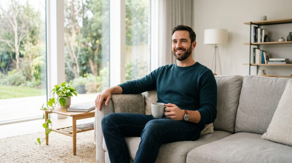 Photorealistic image of a man in casual modern attire sittin
