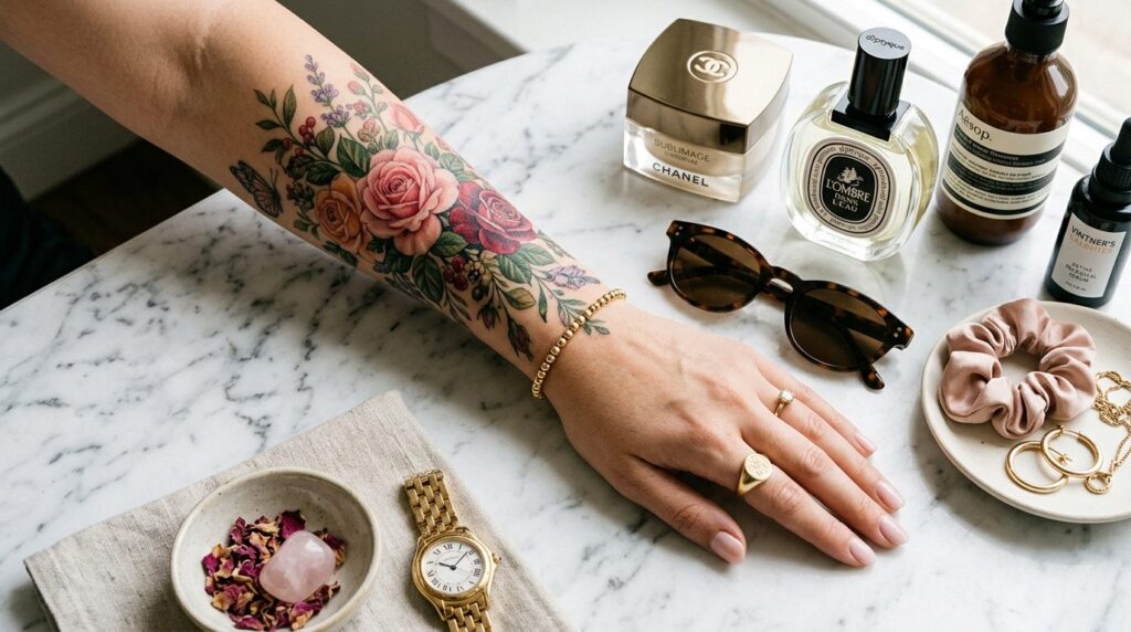 Overhead flat lay lifestyle shot of a womans hand and wrist