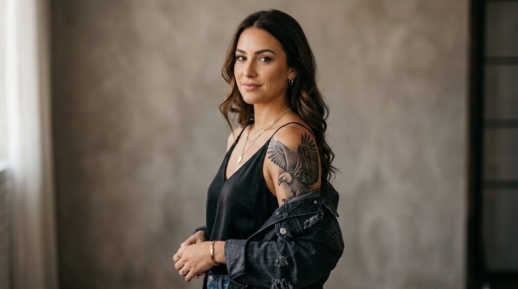 Portrait of a stylish woman showcasing a realistic animal ta