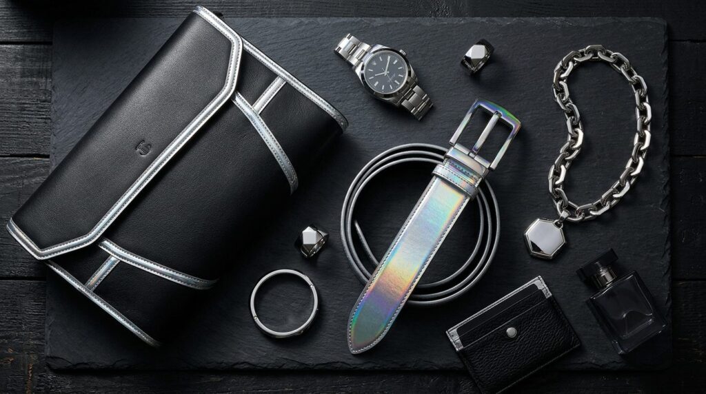 High-fashion lifestyle flat lay composition, luxury accessor