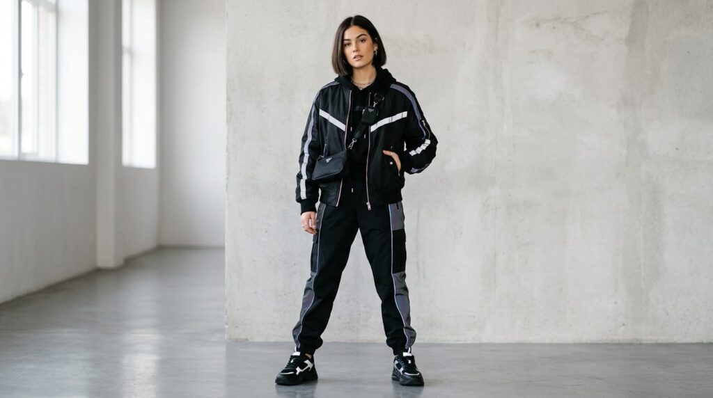 Fashion model wearing contemporary street-style outfit featu