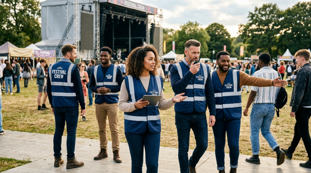 Upscale event management team in coordinated reflective vest