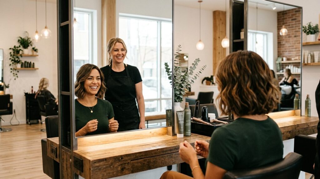 Kvinde betracter sig selv tilfreds i spejlet på frisørsalonen.
