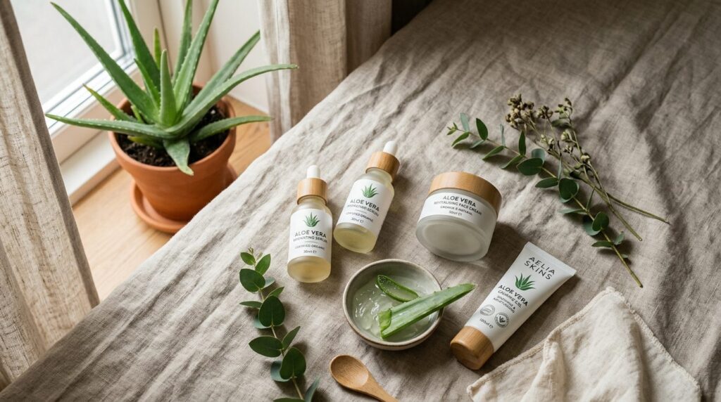 Flat lay composition of certified aloe vera skincare product