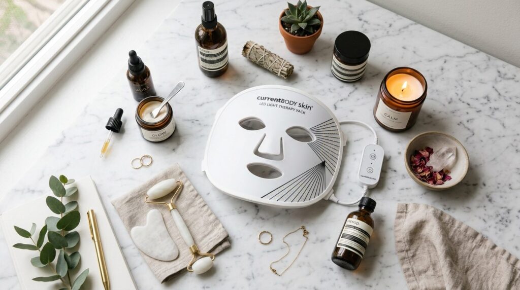 Flat lay lifestyle photography of advanced LED face mask dev