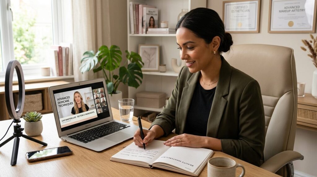 Female beauty professional attending live online masterclass