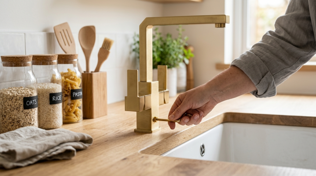 Close-up detail shot of a premium kitchen upgrade: a hand in