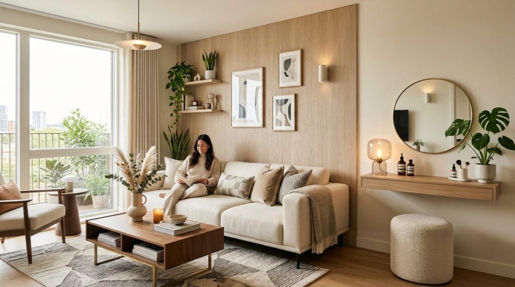 Stylish modern living room interior with thin internal wall