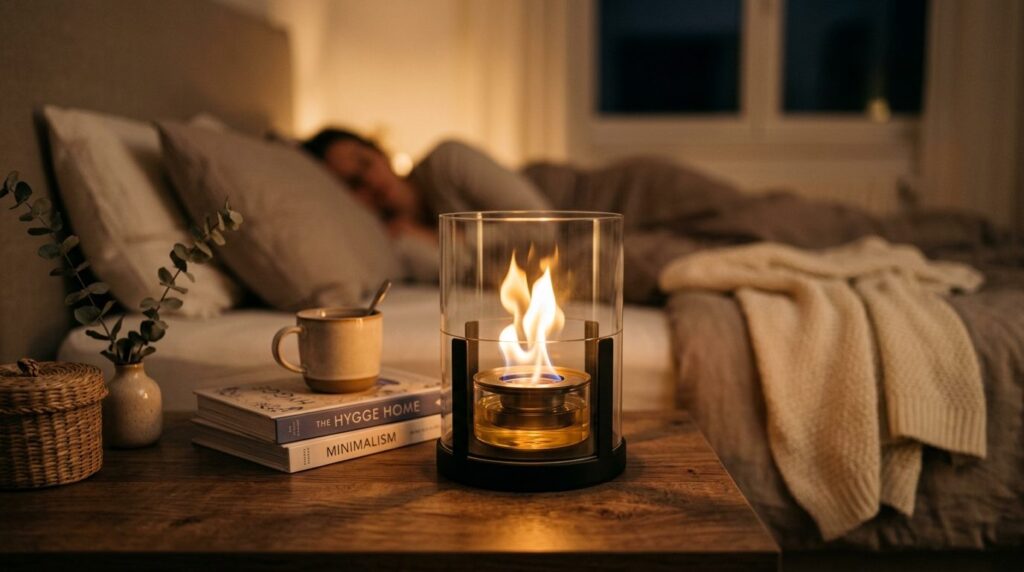 Close-up detail shot of a small elegant bioethanol fireplace