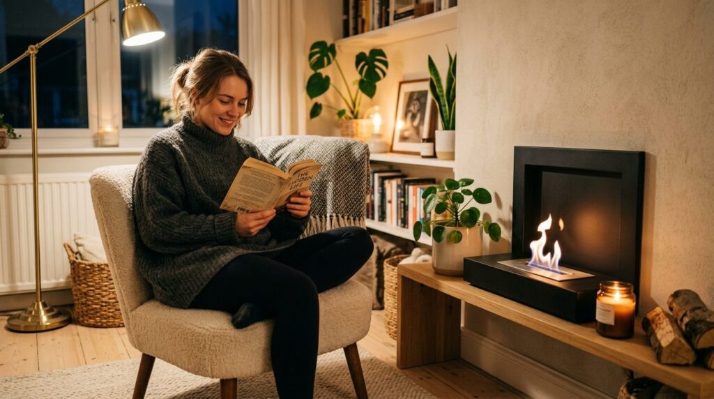 Woman in cozy oversized sweater relaxing near a compact bioe