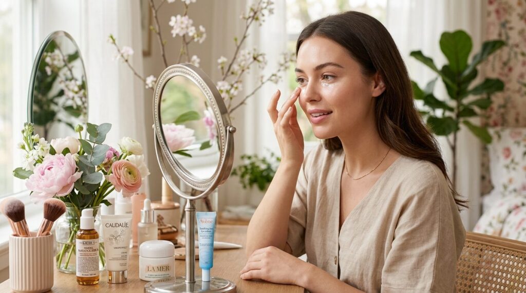Close-up beauty shot of a woman with clear, glowing skin and