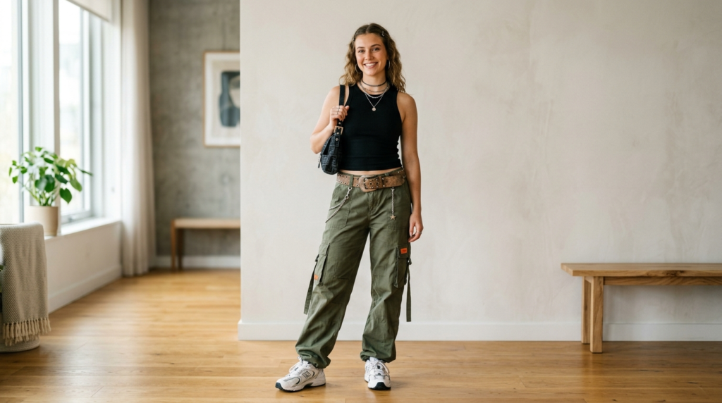 Full-length style portrait of a woman wearing a modern inter