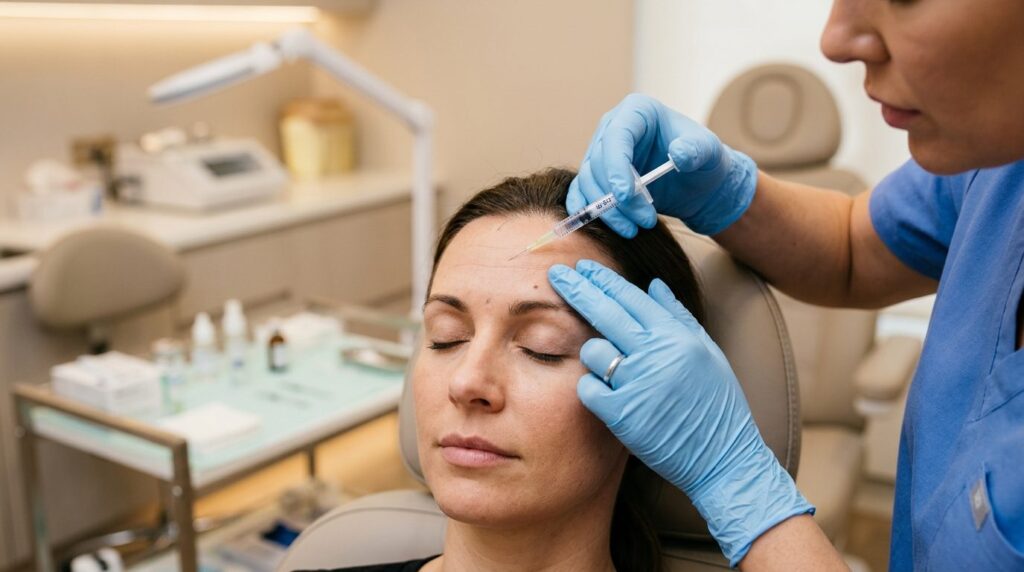 Close-up of skilled aesthetician hands holding botox syringe