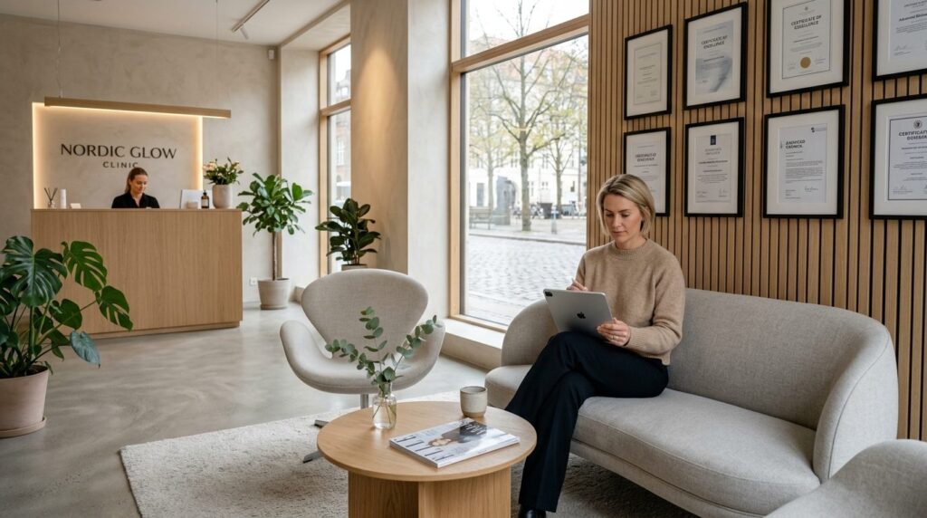 Modern Copenhagen beauty clinic waiting area, contemporary S
