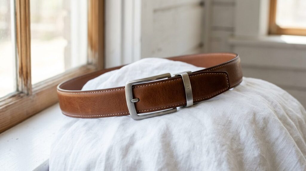 Close-up detail shot of a luxury cognac brown genuine leathe