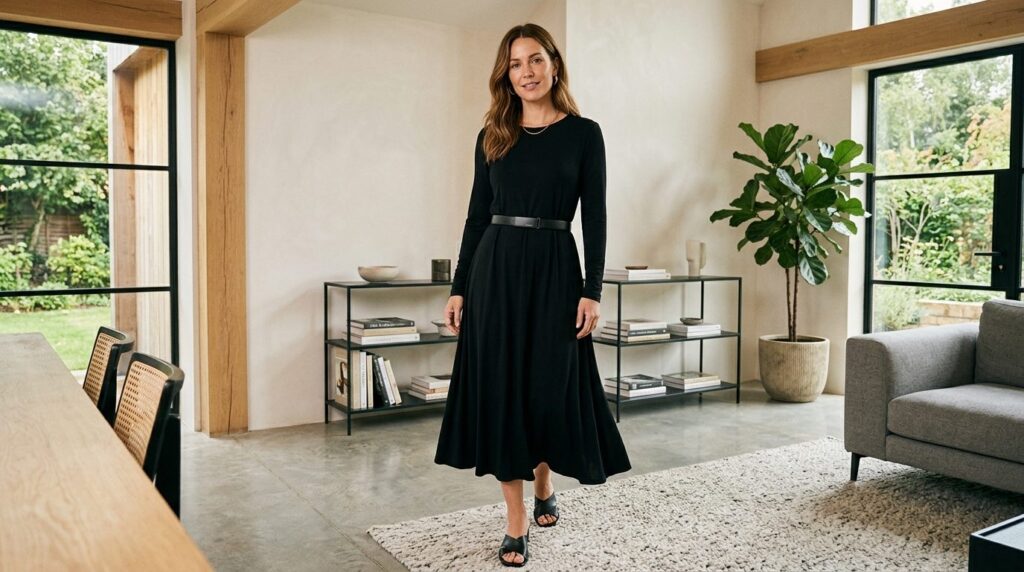Full-length lifestyle photograph of a woman in a chic black 