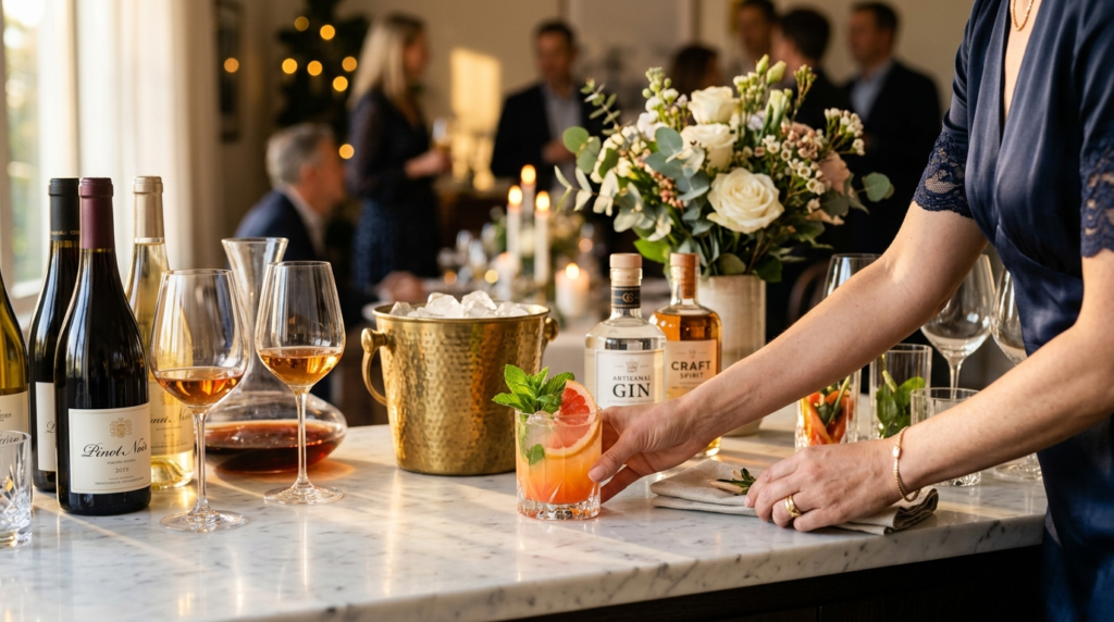 Close-up of a sophisticated hostesss hands arranging premiu