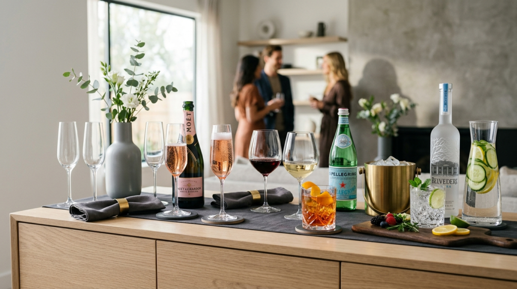 Curated beverage selection display featuring champagne flute
