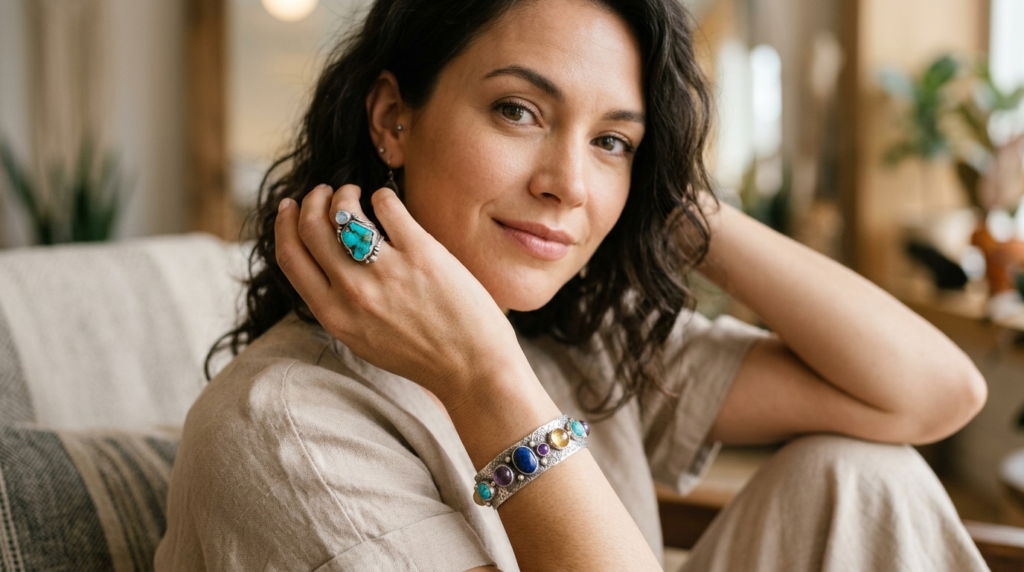 Woman wearing statement handmade jewelry: Close-up portrait 