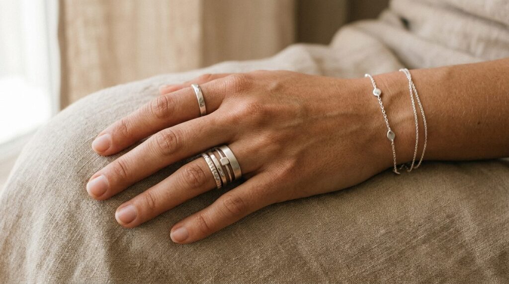 Close-up lifestyle shot of hands wearing contemporary unisex