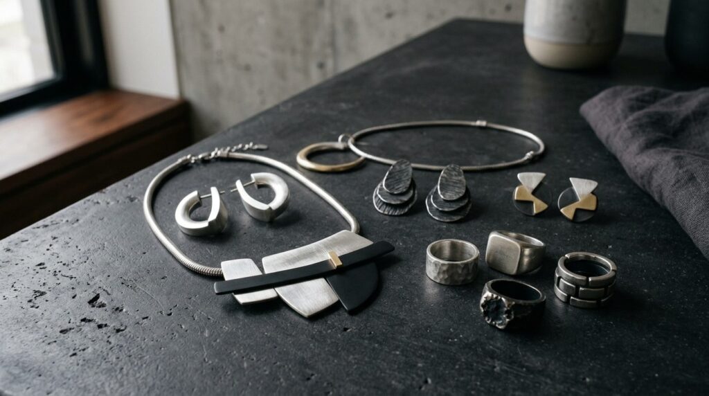 Fashion forward styling image showing unisex statement jewel